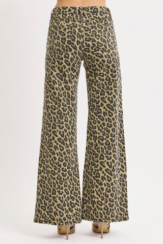 Risen Mid Rise Wide Leopard Print Pants