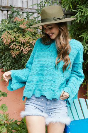 Perfect Choice Turquoise Crochet Frayed Sweater