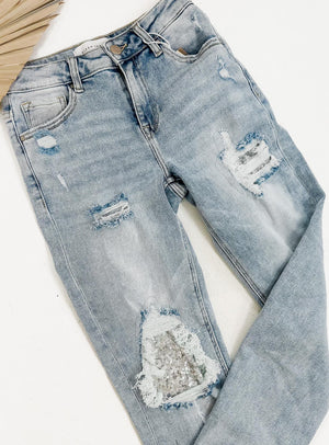 Shine On Sequin Patched Risen Jeans