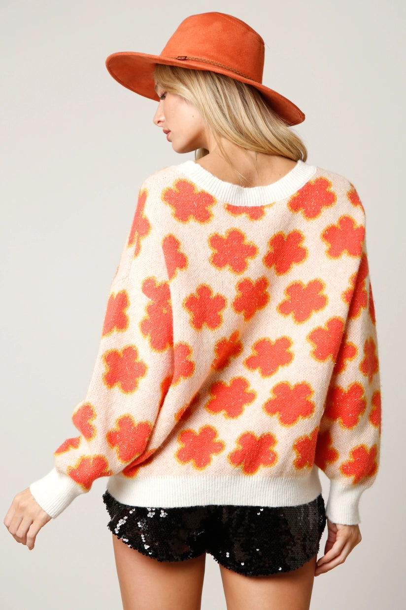 Shiny Orange Floral Print Sweater