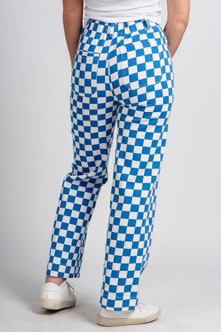 High Rise Wide Leg Checkerboard Pant Royal Blue