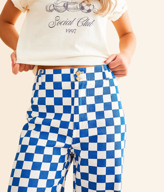High Rise Wide Leg Checkerboard Pant Royal Blue