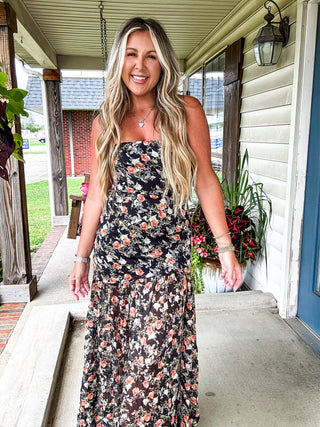 Garden Romance Floral Chiffon Strapless Maxi Dress - Black