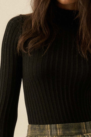 Sheer Ribbed Knit Mock Neck Black Top