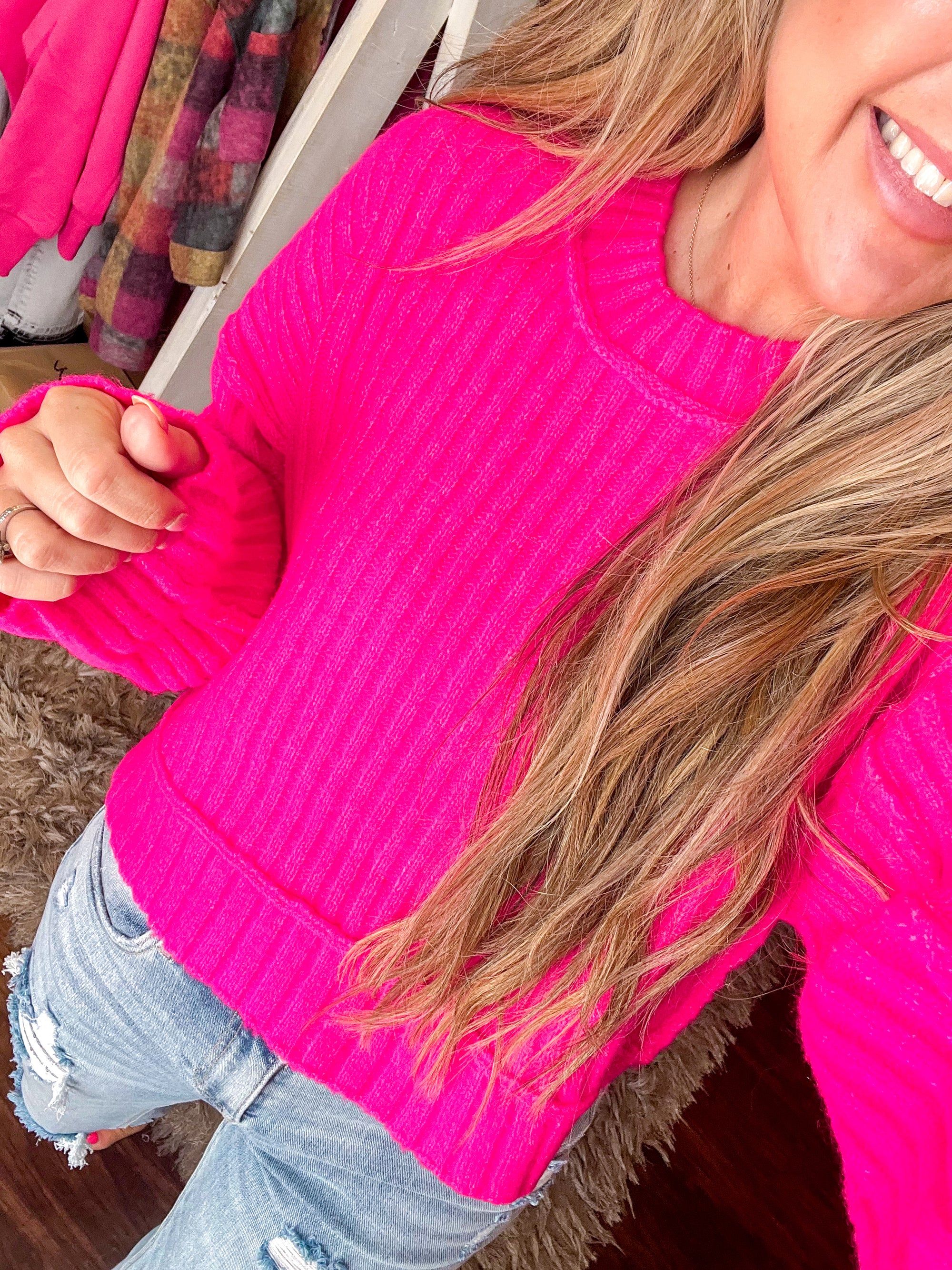 Cozy Oversized Hot Pink Ribbed Sweater