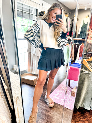 Oversized Striped Sleeve Casual Knit Top-Cream