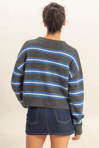 Striped Crew Neck Cozy Sweater -Charcoal