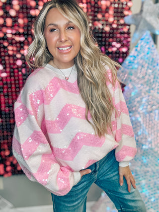 Pink And Cream Sequin Chevron Sweater