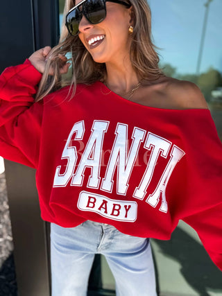 Santa Baby Graphic Crewneck off the Shoulder on Red