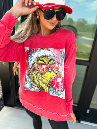 Grinch Bubble Gum Graphic on Red Ash Pullover
