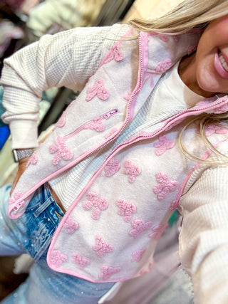 Pink Textured Bow & Floral Printed Vest