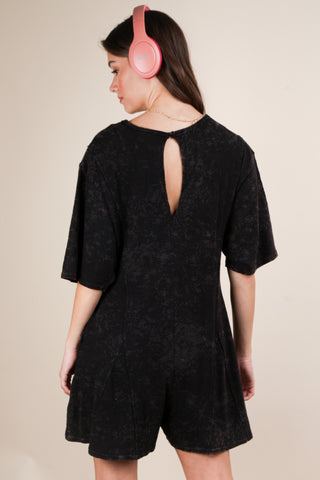 Mineral Washed Oversized Black Knit Comfy Romper