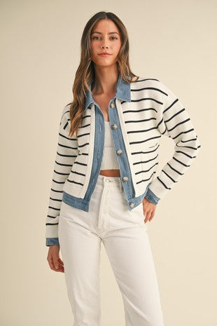 Stay Classy Stripe Knit And Denim Mix Button Down Top