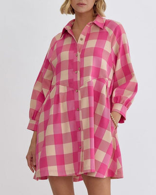 Pink And Tan Plaid Collared Dress