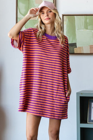 Stripe Knit Orange/Purple Oversized Tee Dress