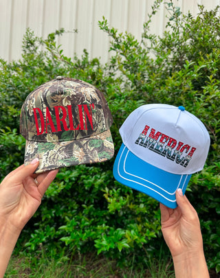 PREORDER Darlin' (red font) Real Camo Canvas Trucker Hat