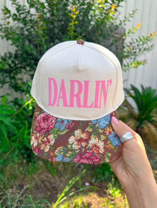 PREORDER Darlin’ (pink font) Vintage Brown Floral Canvas Trucker Hat