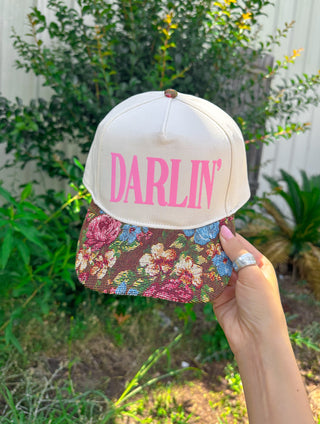 PREORDER Darlin’ (pink font) Vintage Brown Floral Canvas Trucker Hat