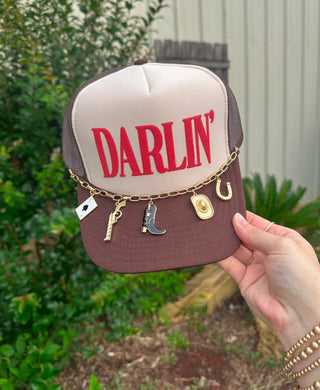 PREORDER Darlin' (red font) Tan/ Brown Trucker Hat