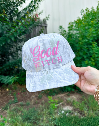 PREORDER Good Witch (pink font) Washed Camo Canvas Trucker