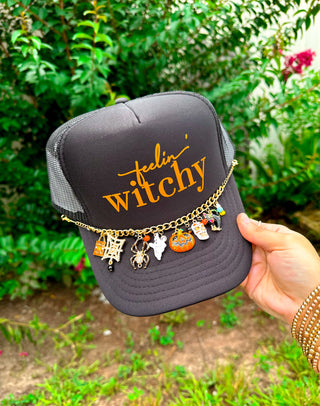Feelin' Witchy (orange font) Black Trucker
