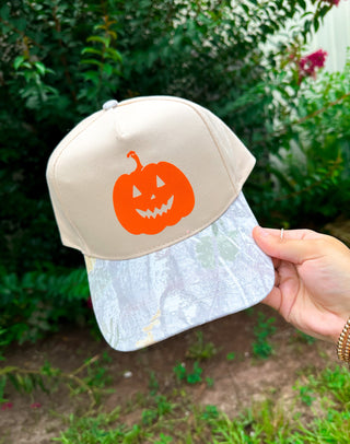PREORDER Halloween Pumpkin Khaki/Washed Camo Trucker Hat