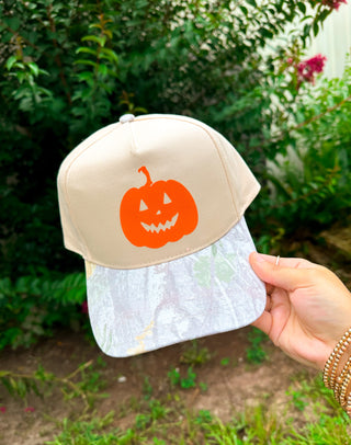 PREORDER Halloween Pumpkin Khaki/Washed Camo Trucker Hat
